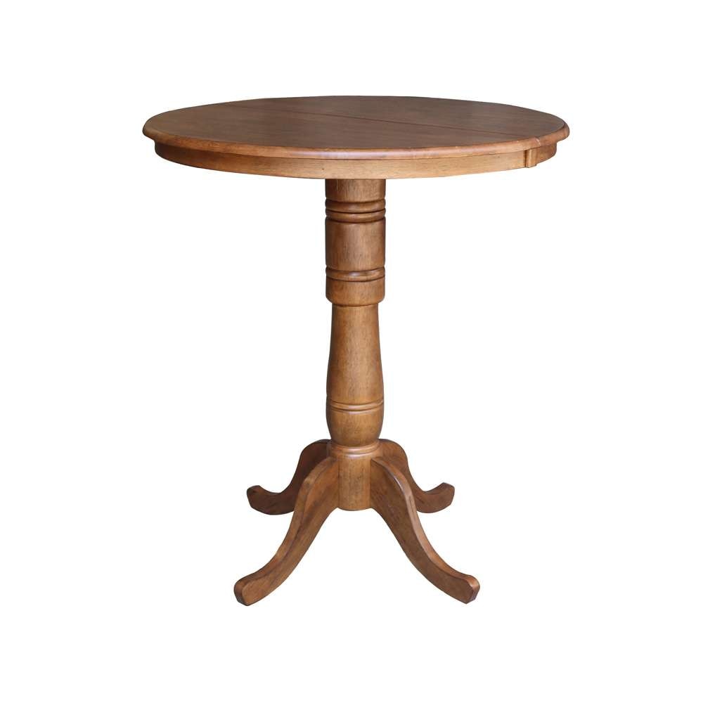 International Concepts - 36in Round Top Ped Table with 12in Leaf - 41.3inH - Bar Height in Distressed Oak Finish - K42-36RXT-6B-2 veiw 1