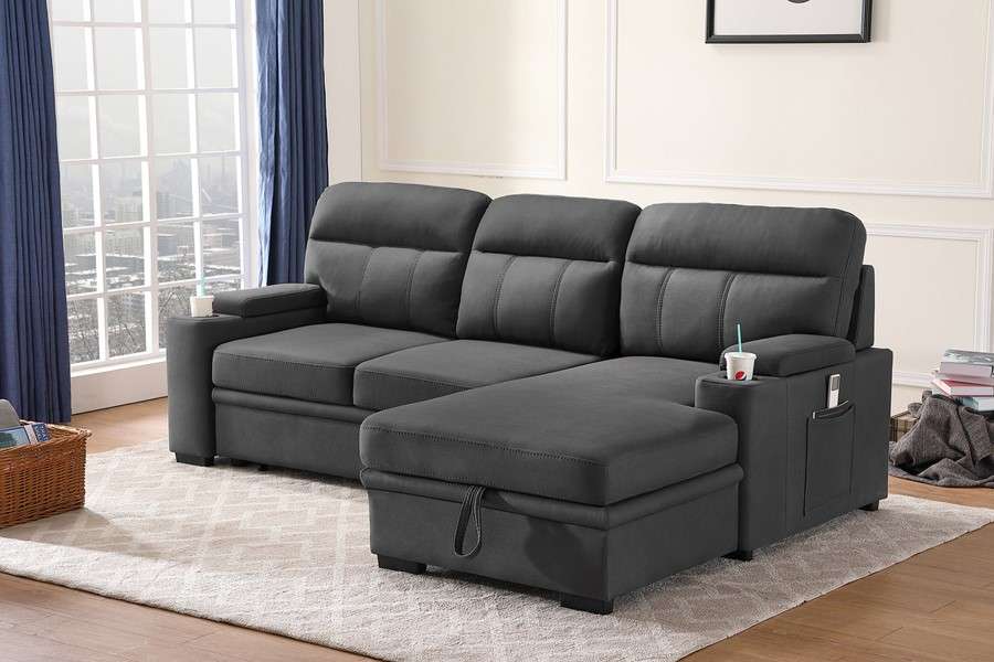 Lilola Home - Kaden Gray Fabric Sleeper Sectional Sofa Chaise with Storage Arms and Cupholder - 89620 veiw 1